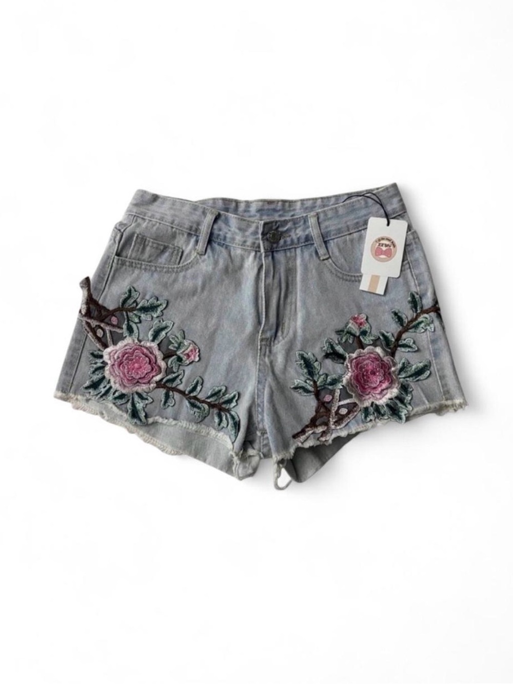 Gray Embroidered Floral Denim Shorts - Women's Jean Shorts